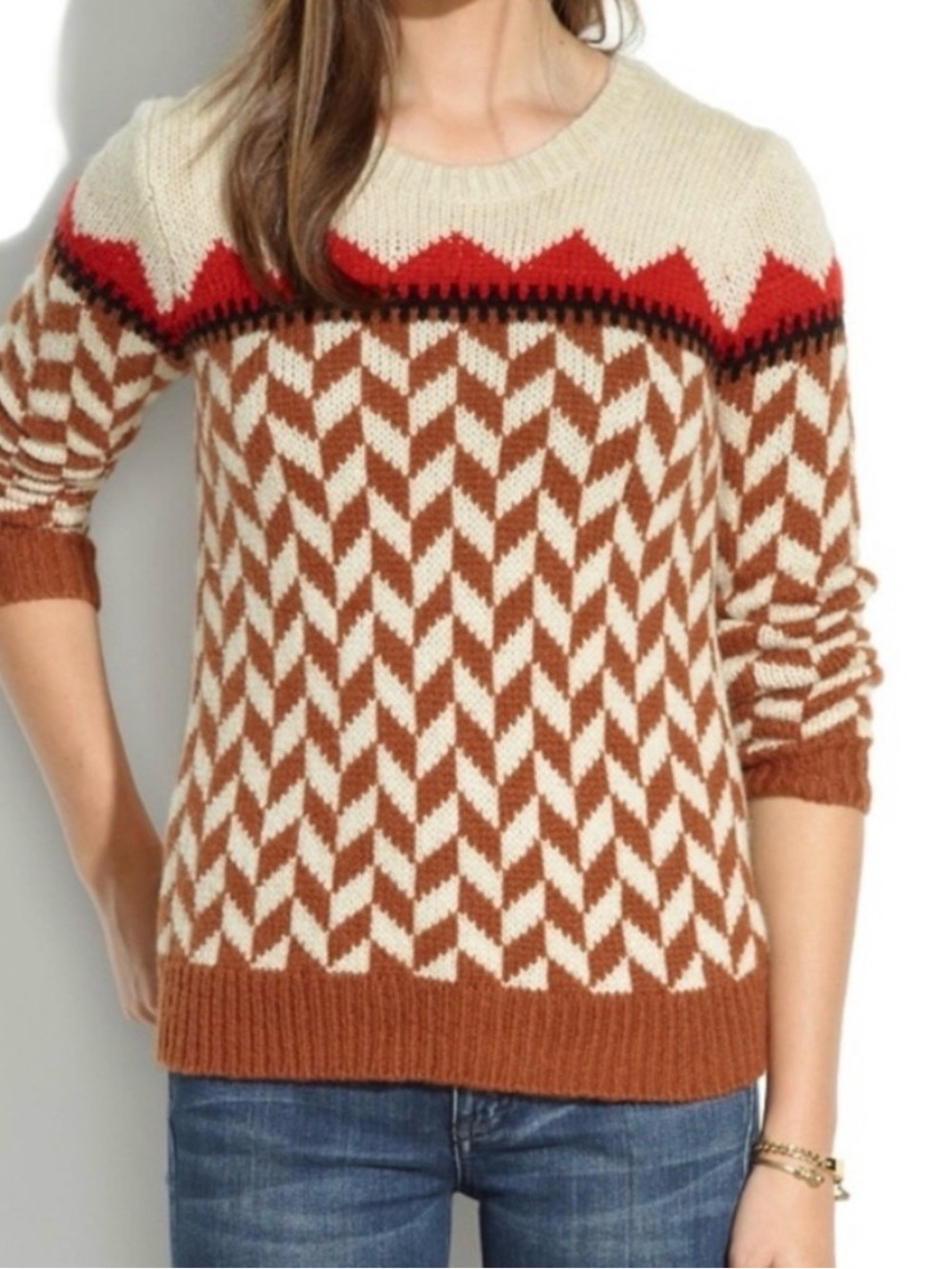 Cozy Chevron Knit Sweater in Cream & Brown with Red Accent